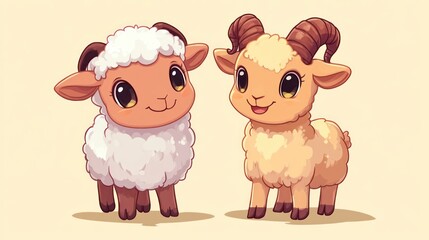 Two adorable cartoon sheep, one white, one tan, stand side-by-side, smiling