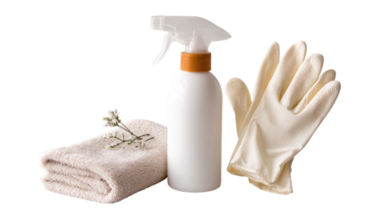 Cleaning supplies, spray bottle, gloves, towel