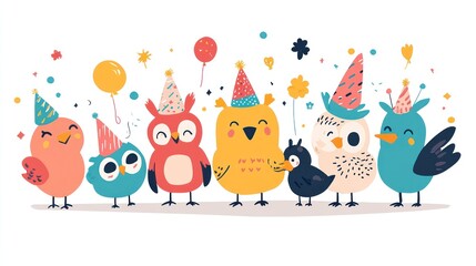Colorful birds celebrate a party with hats and balloons