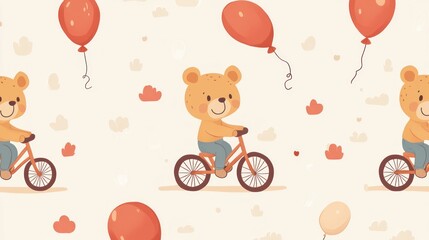 Cute teddy bear riding a bicycle with balloons