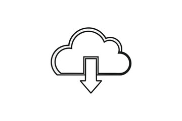 Cloud Download Icon with Arrow in Simple Outline on White Background
