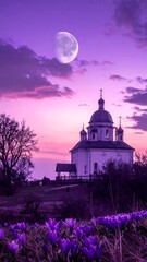 Church at twilight, moonlit