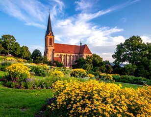 Church and colorful garden