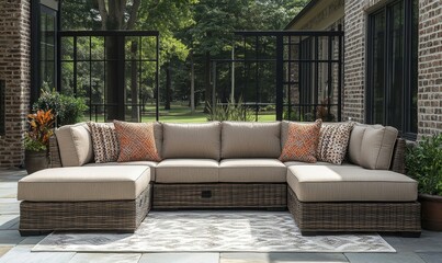 Obraz premium Stylish and modern outdoor furniture set on a patio, reflecting contemporary design and comfort in an outdoor space, Generative AI