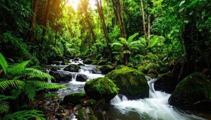 Fototapeta premium Sunlight Dappled Rainforest River Scene