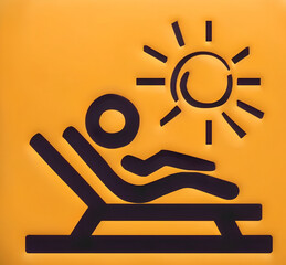 stylized icon silhouette person sunbathing on lounge chair with bright sun symbol above representing relaxation leisure vacation summer holiday beach resort outdoor activity