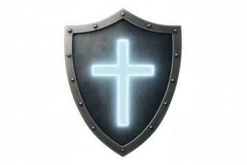 Metal shield displaying glowing christian cross symbolizing faith, protection, strength, and spirituality on transparent background