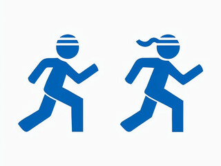 two blue silhouette running man icons representing fitness, sports, emergency exit signs, progress, activity, movement, speed, and dynamic urgency in design