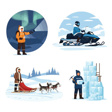 Illustrations depicting winter activities: aurora viewing, snowmobiling, dog sledding, and ice block construction.