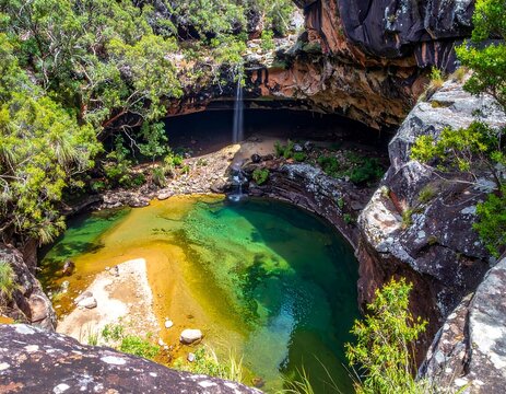 High-angle view of a plunge pool waterfall