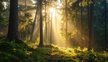 Fototapeta premium Sunlit Forest Canopy with Golden Rays Filtering Through Tall Green Trees in a Serene Woodland Landscape with Mossy Ground and Atmospheric Morning Light