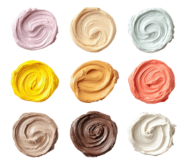 A grid of twelve colorful, textured circular smears