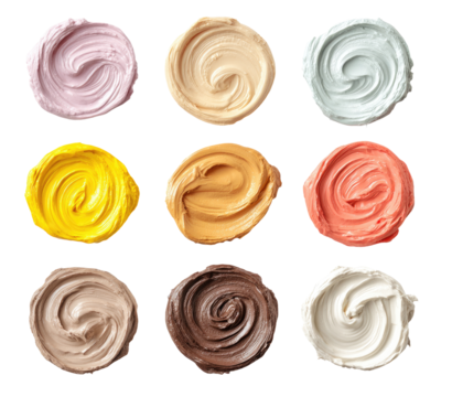 A grid of twelve colorful, textured circular smears