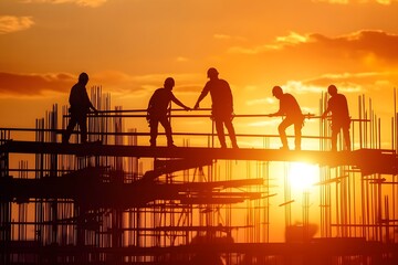 Construction worker silhouettes with scaffolding background