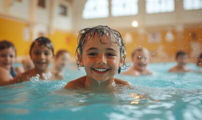 Diverse group of children playing in a swimming pool, showcasing safe and fun holiday activities, Generative AI