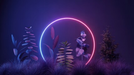 Fototapeta premium Surreal neon ring light illuminates lush purple and blue foliage at night circle glow