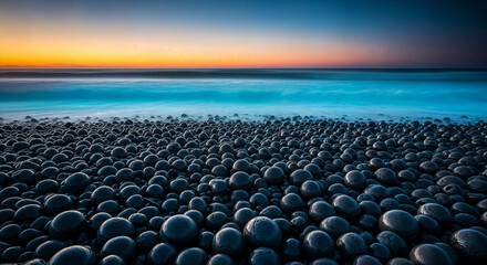 Obraz premium Smooth, dark, wet pebbles on a beach with a blurred ocean and a vibrant sunset sky in the background, creating a serene and natural landscape