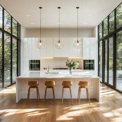 Fototapeta premium A bright, modern kitchen boasts clean white cabinetry, pendant lighting, and an expansive view.