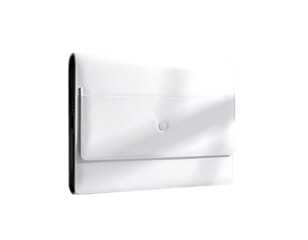Sleek white leather clutch, minimalist design, single button closure, subtle flap pocket, soft light shadows