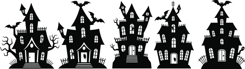 Fototapeta premium Set of spooky haunted house silhouettes halloween haunted house with bat vector illustration