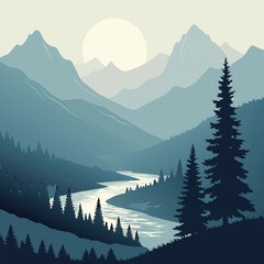Serene mountain landscape with a winding river under a bright moon
