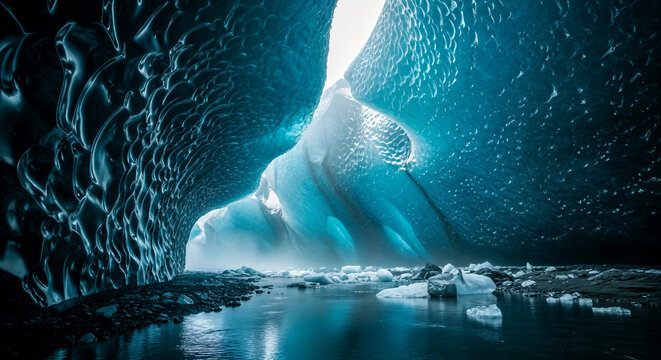 Inside a vibrant blue ice cave with a pool of water reflecting the icy formations and light filtering from above, creating a surreal and otherworldly natural wonder