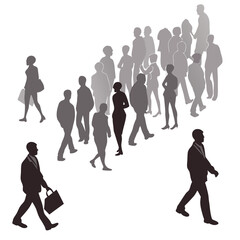 A diverse group of silhouettes walking in a busy urban environment