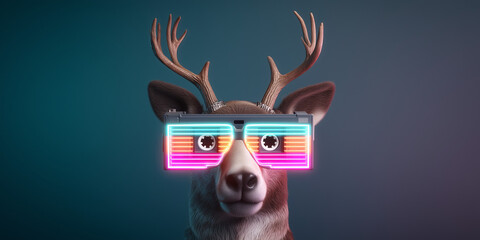 Stylized deer wearing retro glasses on a colorful background.