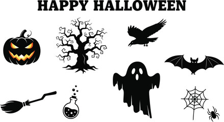 Obraz premium Happy halloween silhouettes with pumpkin, tree, raven, bat, ghost, broom, potion, and spider