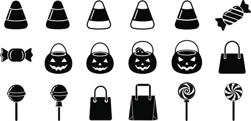 Halloween candy corn, sweets, lollipop and bag for trick or treat