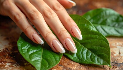 Elegant, manicured nails rest on lush green leaves