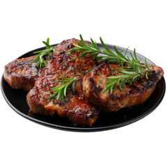 Grilled pork chops, browned and seasoned, resting on a dark plate with fresh rosemary sprigs
