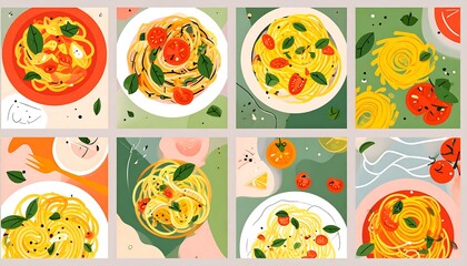 Colorful pasta dishes, flat lay