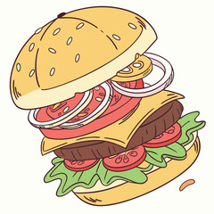A detailed illustration of a classic cheeseburger with fresh ingredients