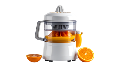 White electric citrus juicer with transparent bowl, orange pulp visible, and two halved oranges flanking it