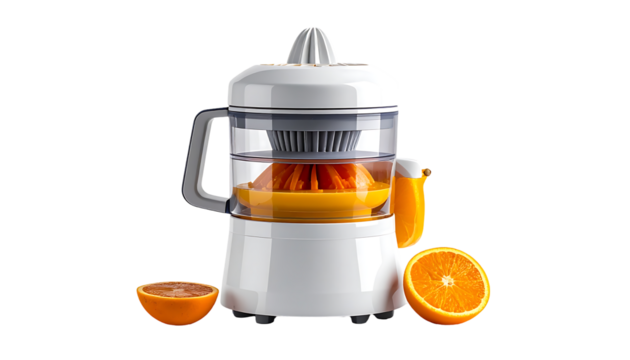 White electric citrus juicer with transparent bowl, orange pulp visible, and two halved oranges flanking it