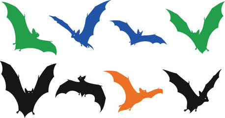 Colorful bat silhouettes in green blue orange and black against a white backdrop