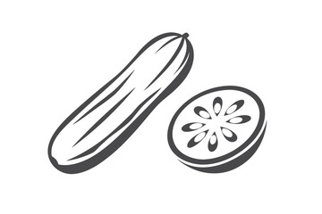 Dark Gray Cucumber Whole and Slice Outline Design Isolated on White Background