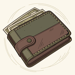 A sketch of a leather wallet overflowing with cash money illustration