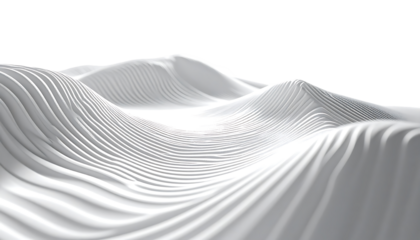 Abstract white undulating landscape with layered, parallel grooves forming a flowing, three-dimensional wave pattern against a black background