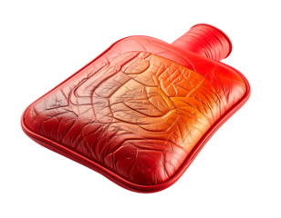 Red, textured rubber hot water bottle with a cracked, earth-like pattern, displaying warm orange and red hues