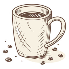 A simple sketch of a full coffee mug with scattered beans nearby