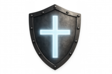 Medieval metal shield featuring glowing christian cross symbol for protection, faith, and spirituality on transparent background