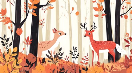 Two deer in an autumnal forest with warm colors and falling leaves