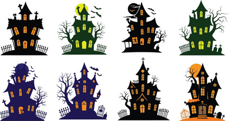 Spooky haunted houses in various colors for halloween themed designs and invitations