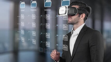 A businessman engages with virtual reality technology in a modern office, exploring data processing, validation, and visualization in a digital workspace. Raster - Powered by Adobe