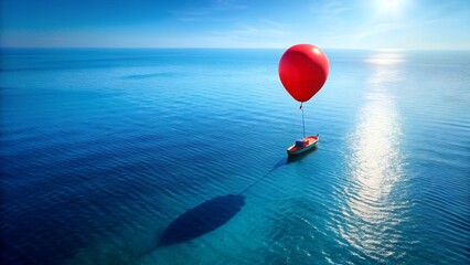 A lone red balloon floats above a small boat on a vast blue ocean under a bright sun, creating a serene and hopeful scene with a sense of adventure and freedom