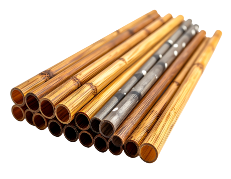 A neatly stacked bundle of slender, golden-brown bamboo tubes, some adorned with dark grey patterned sections, showcasing smooth surfaces and hollow interiors