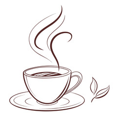 A simple line drawing depicts a steaming cup of coffee with leaves