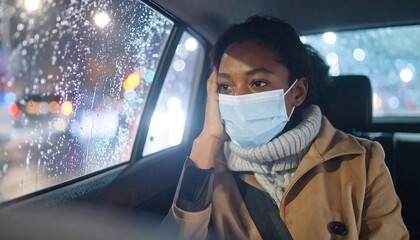 Woman in car at night, looking thoughtful